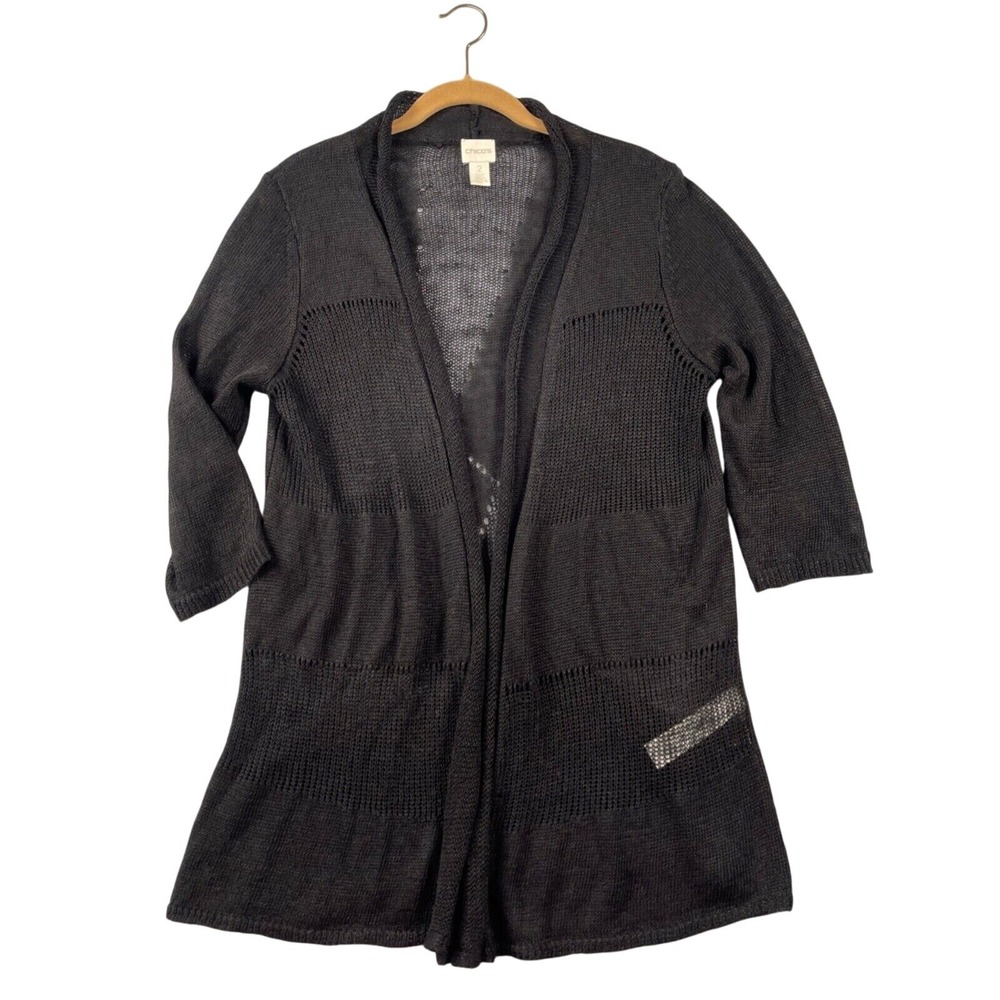 Chico's Cardigan Womens 2 Black Linen Blend Knit Open Front 3/4 Sleeve